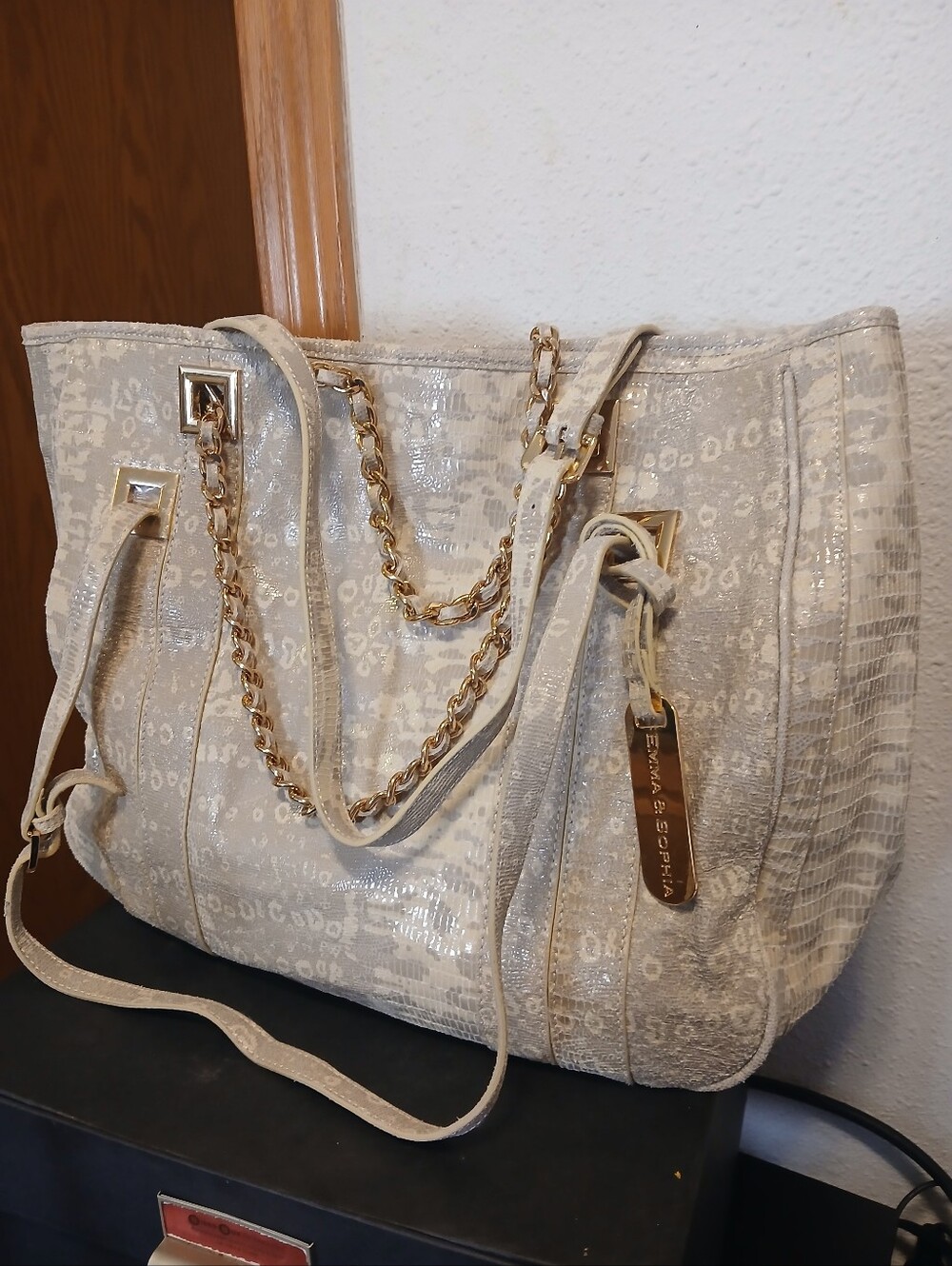 Emma & Sophia Genuine Leather Snakeskin Animal Print Tote Bag White Gray Gold